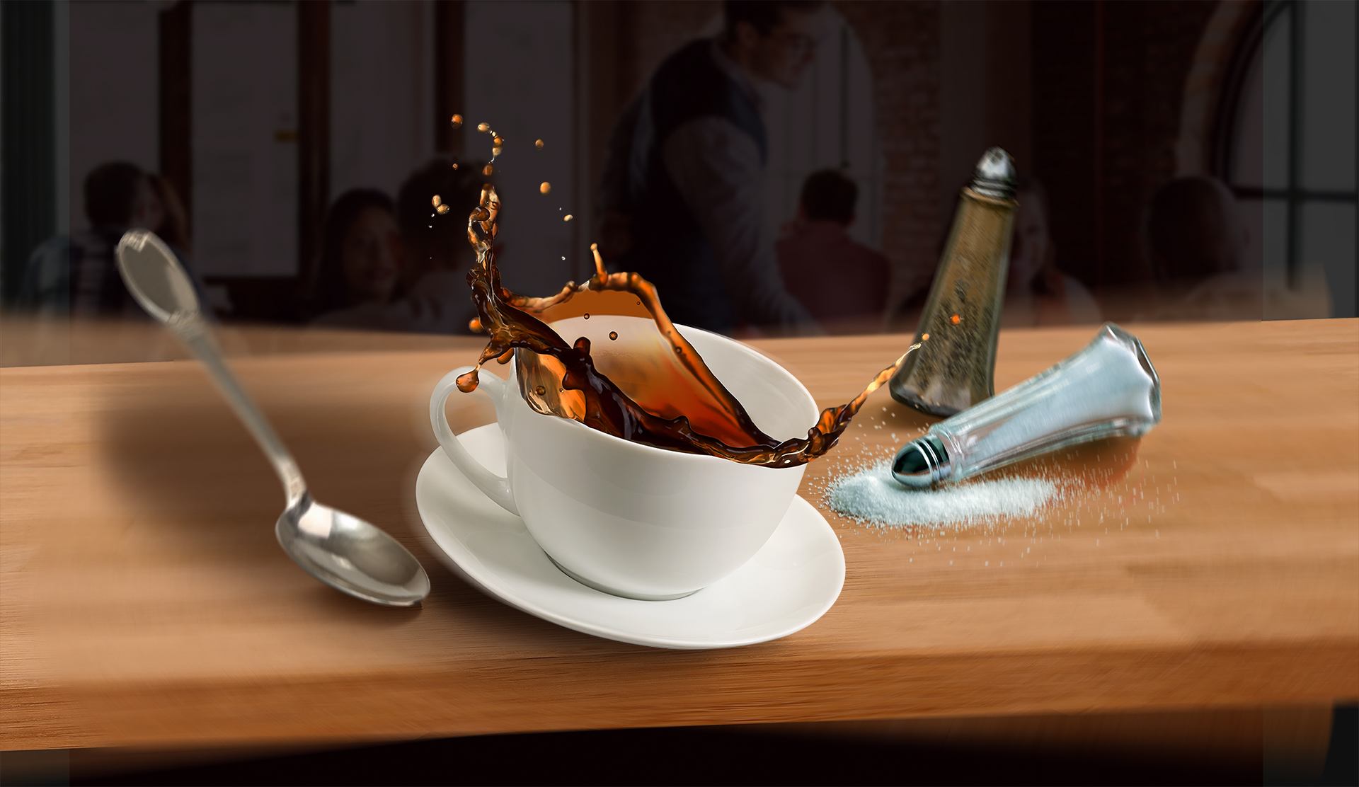 Coffee cup spilling on wobbly table